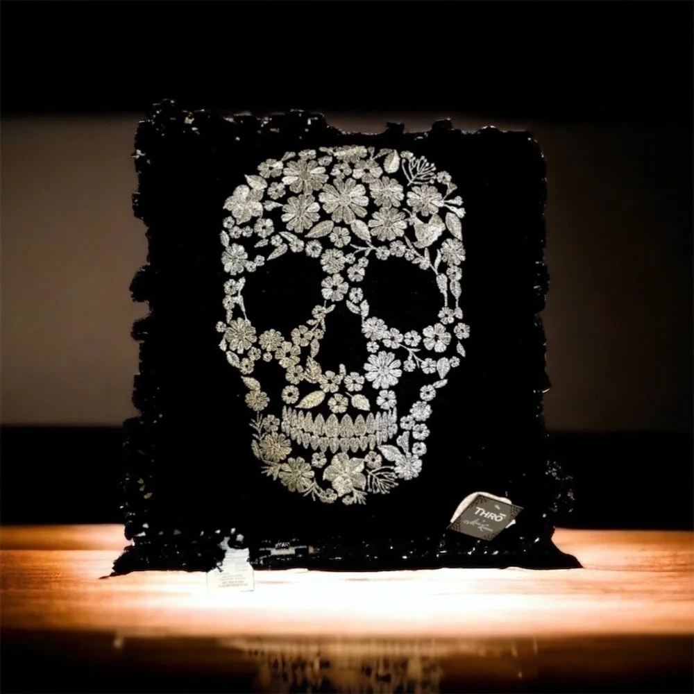 Thro Marlo Lorenz 20x20 Metallic Embroidered Floral Skull Pillow gothic …